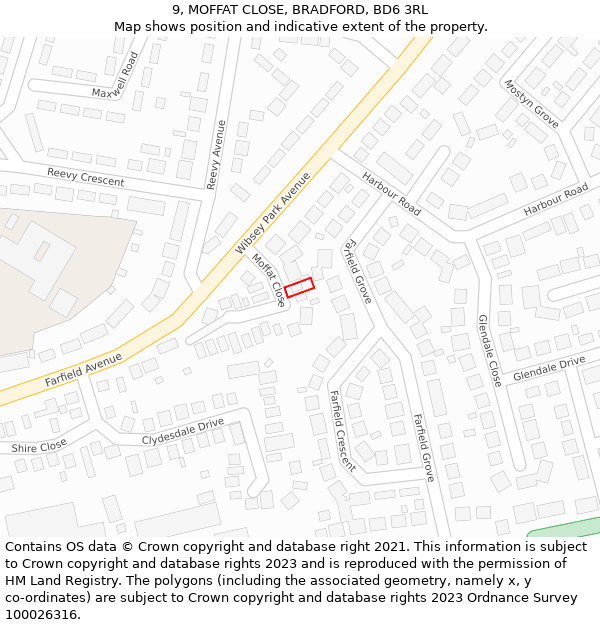 9, MOFFAT CLOSE, BRADFORD, BD6 3RL: Location map and indicative extent of plot