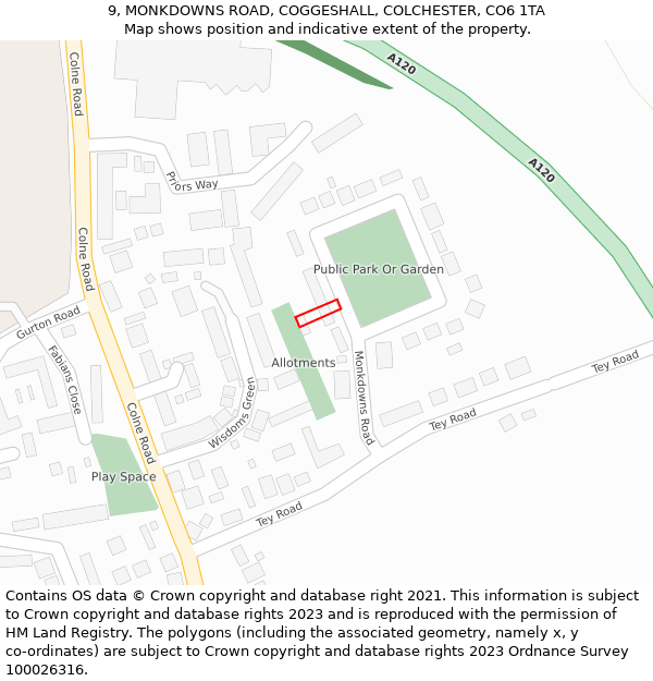 9, MONKDOWNS ROAD, COGGESHALL, COLCHESTER, CO6 1TA: Location map and indicative extent of plot