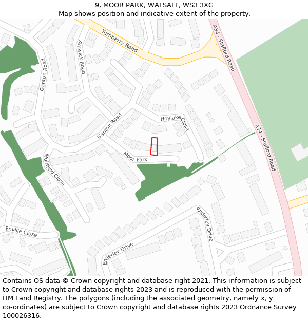 9, MOOR PARK, WALSALL, WS3 3XG: Location map and indicative extent of plot