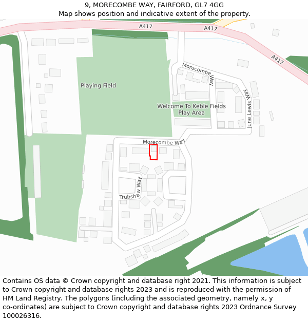 9, MORECOMBE WAY, FAIRFORD, GL7 4GG: Location map and indicative extent of plot