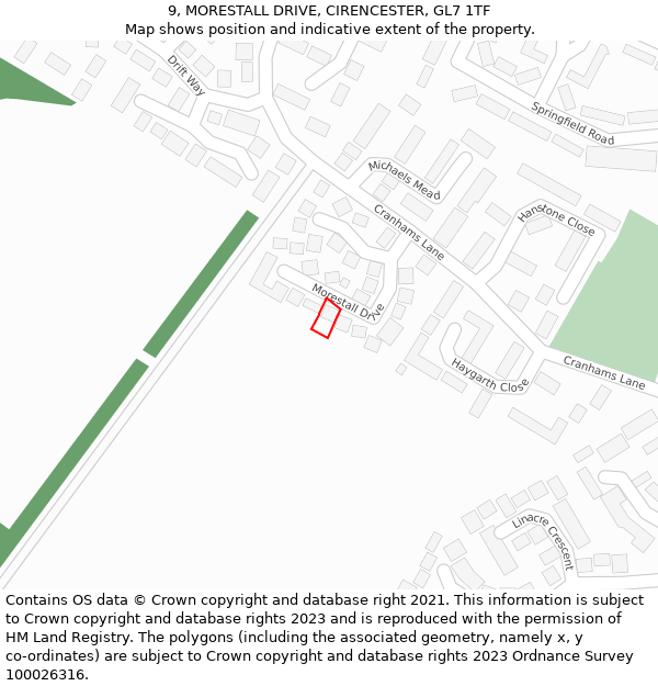 9, MORESTALL DRIVE, CIRENCESTER, GL7 1TF: Location map and indicative extent of plot