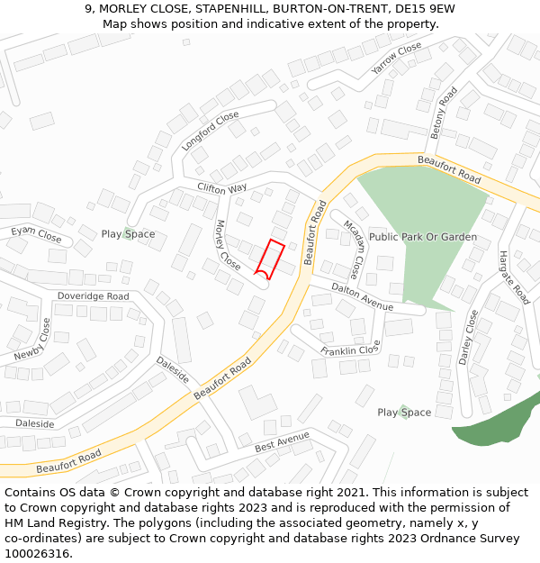 9, MORLEY CLOSE, STAPENHILL, BURTON-ON-TRENT, DE15 9EW: Location map and indicative extent of plot