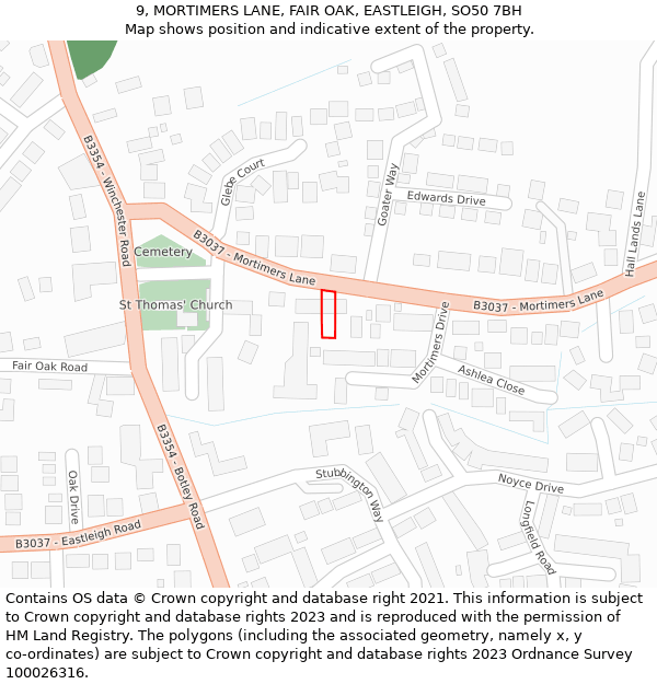 9, MORTIMERS LANE, FAIR OAK, EASTLEIGH, SO50 7BH: Location map and indicative extent of plot