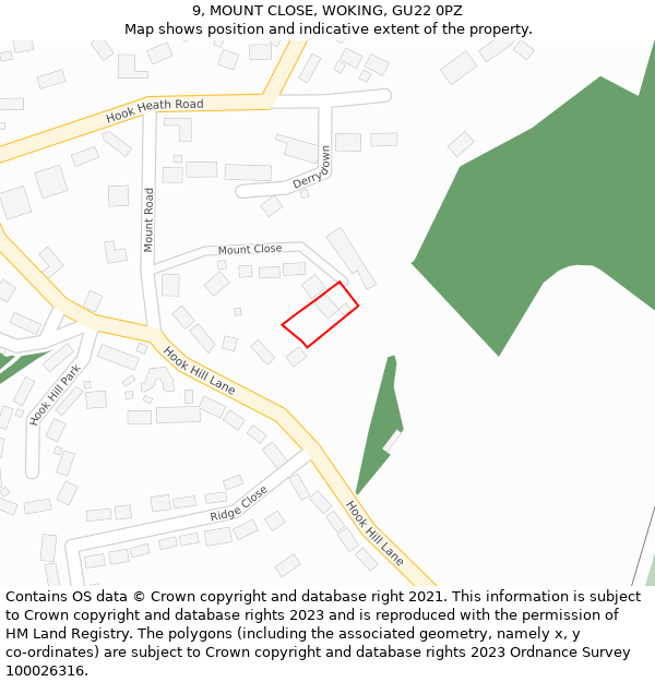 9, MOUNT CLOSE, WOKING, GU22 0PZ: Location map and indicative extent of plot