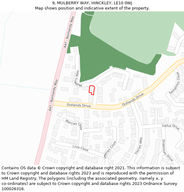 9, MULBERRY WAY, HINCKLEY, LE10 0WJ: Location map and indicative extent of plot