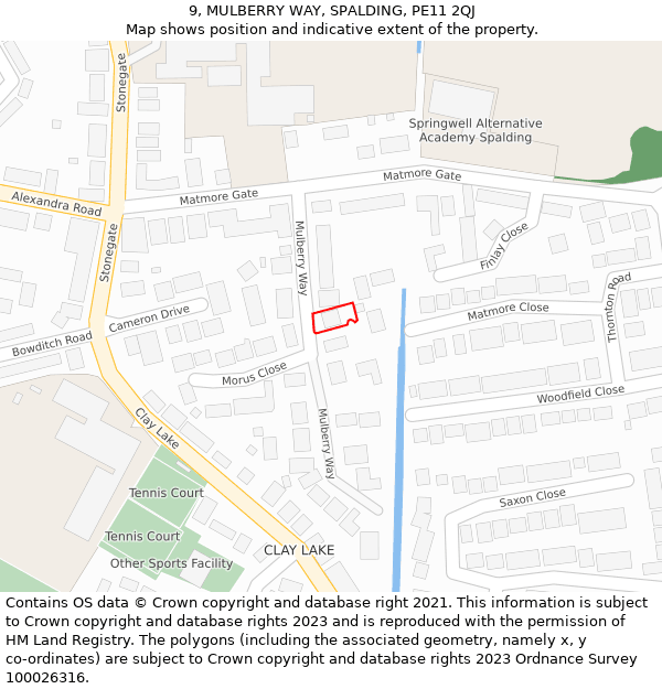 9, MULBERRY WAY, SPALDING, PE11 2QJ: Location map and indicative extent of plot