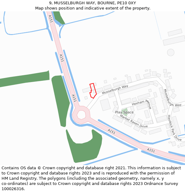 9, MUSSELBURGH WAY, BOURNE, PE10 0XY: Location map and indicative extent of plot