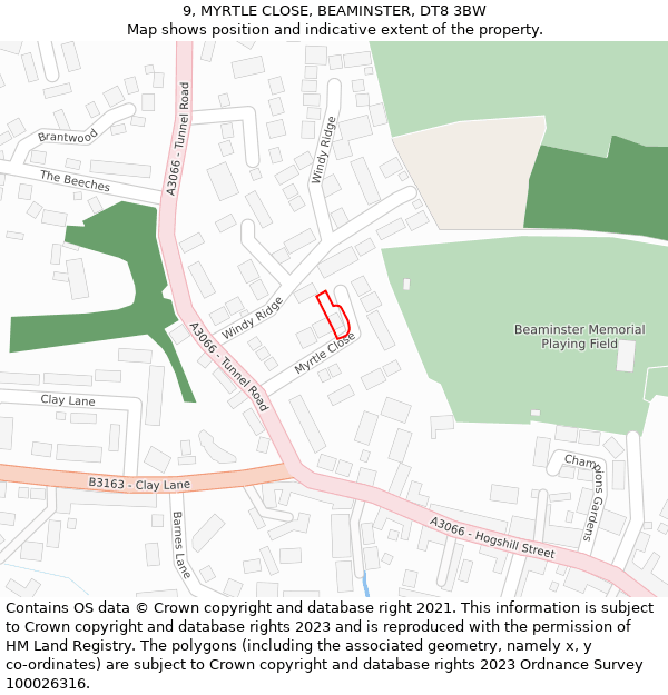 9, MYRTLE CLOSE, BEAMINSTER, DT8 3BW: Location map and indicative extent of plot