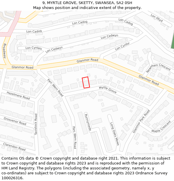 9, MYRTLE GROVE, SKETTY, SWANSEA, SA2 0SH: Location map and indicative extent of plot