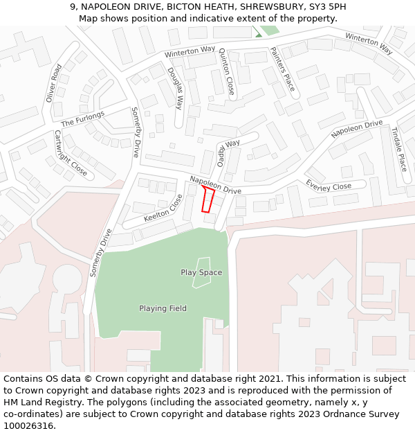 9, NAPOLEON DRIVE, BICTON HEATH, SHREWSBURY, SY3 5PH: Location map and indicative extent of plot