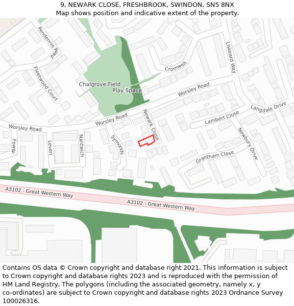 9, NEWARK CLOSE, FRESHBROOK, SWINDON, SN5 8NX: Location map and indicative extent of plot