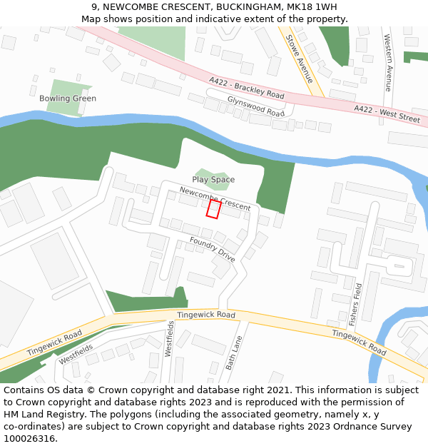 9, NEWCOMBE CRESCENT, BUCKINGHAM, MK18 1WH: Location map and indicative extent of plot