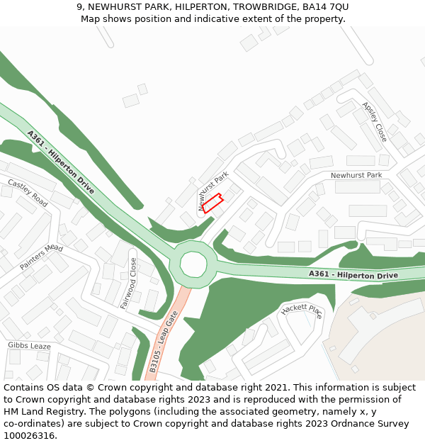 9, NEWHURST PARK, HILPERTON, TROWBRIDGE, BA14 7QU: Location map and indicative extent of plot