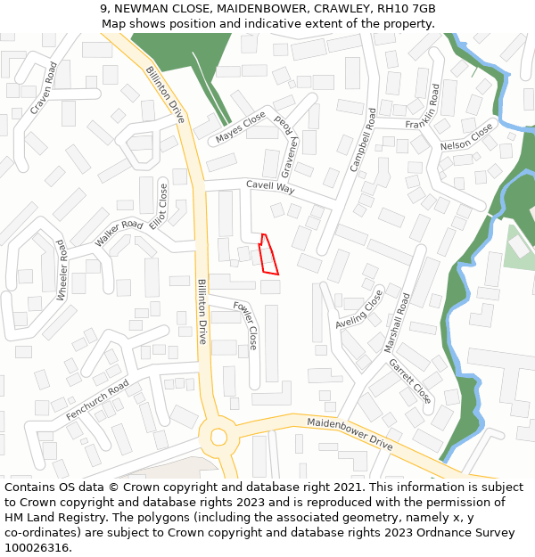 9, NEWMAN CLOSE, MAIDENBOWER, CRAWLEY, RH10 7GB: Location map and indicative extent of plot