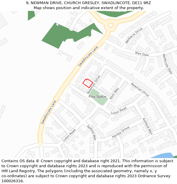 9, NEWMAN DRIVE, CHURCH GRESLEY, SWADLINCOTE, DE11 9RZ: Location map and indicative extent of plot