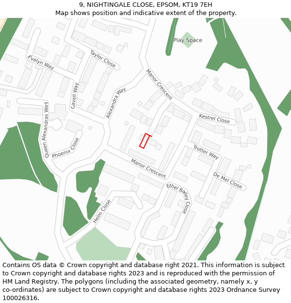 9, NIGHTINGALE CLOSE, EPSOM, KT19 7EH: Location map and indicative extent of plot