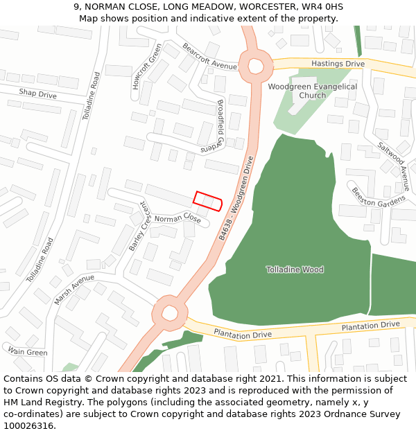 9, NORMAN CLOSE, LONG MEADOW, WORCESTER, WR4 0HS: Location map and indicative extent of plot