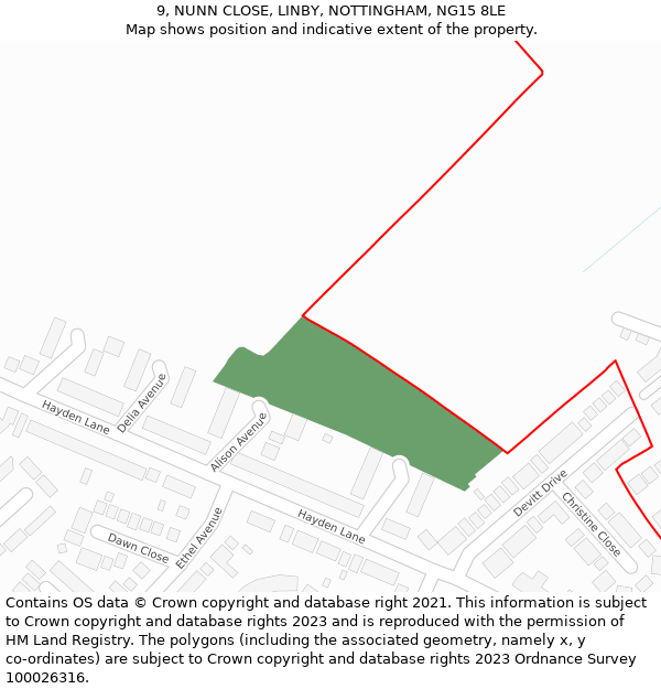 9, NUNN CLOSE, LINBY, NOTTINGHAM, NG15 8LE: Location map and indicative extent of plot