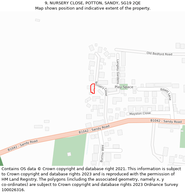 9, NURSERY CLOSE, POTTON, SANDY, SG19 2QE: Location map and indicative extent of plot