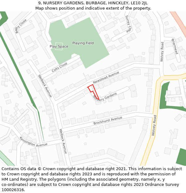9, NURSERY GARDENS, BURBAGE, HINCKLEY, LE10 2JL: Location map and indicative extent of plot