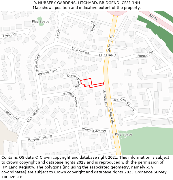 9, NURSERY GARDENS, LITCHARD, BRIDGEND, CF31 1NH: Location map and indicative extent of plot