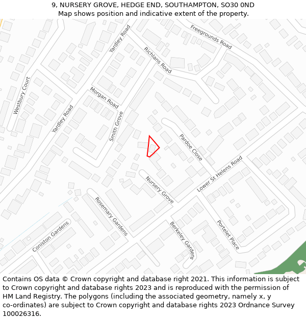 9, NURSERY GROVE, HEDGE END, SOUTHAMPTON, SO30 0ND: Location map and indicative extent of plot