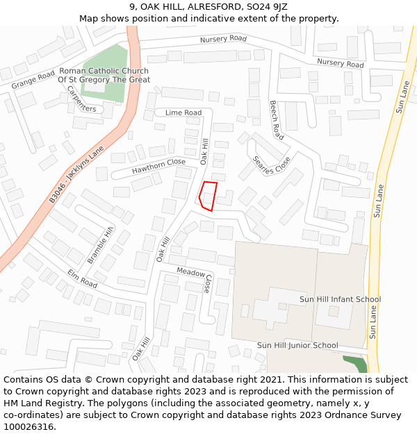 9, OAK HILL, ALRESFORD, SO24 9JZ: Location map and indicative extent of plot