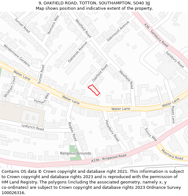 9, OAKFIELD ROAD, TOTTON, SOUTHAMPTON, SO40 3JJ: Location map and indicative extent of plot