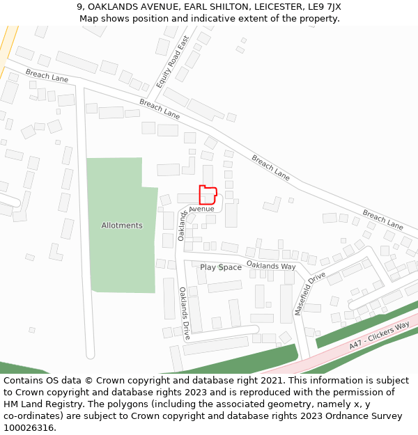 9, OAKLANDS AVENUE, EARL SHILTON, LEICESTER, LE9 7JX: Location map and indicative extent of plot