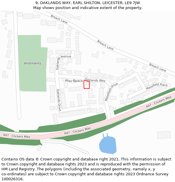 9, OAKLANDS WAY, EARL SHILTON, LEICESTER, LE9 7JW: Location map and indicative extent of plot