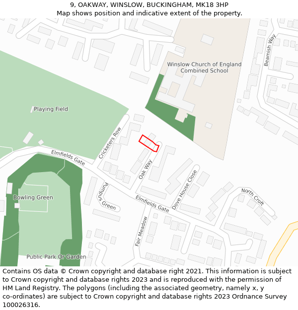 9, OAKWAY, WINSLOW, BUCKINGHAM, MK18 3HP: Location map and indicative extent of plot