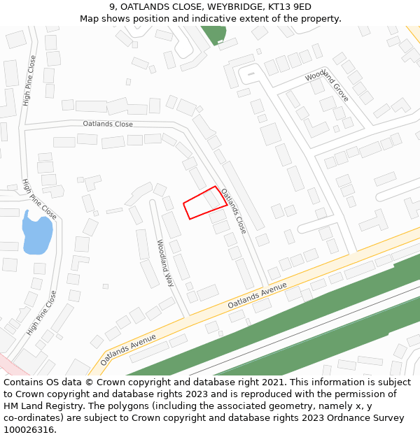 9, OATLANDS CLOSE, WEYBRIDGE, KT13 9ED: Location map and indicative extent of plot