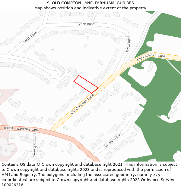 9, OLD COMPTON LANE, FARNHAM, GU9 8BS: Location map and indicative extent of plot