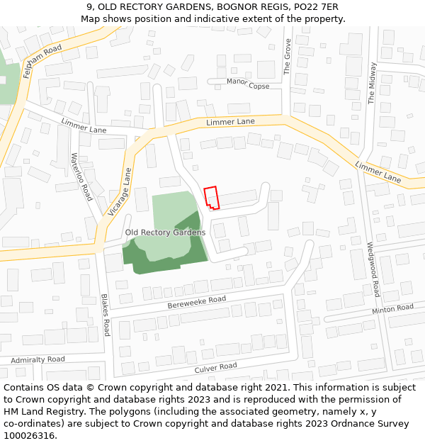 9, OLD RECTORY GARDENS, BOGNOR REGIS, PO22 7ER: Location map and indicative extent of plot