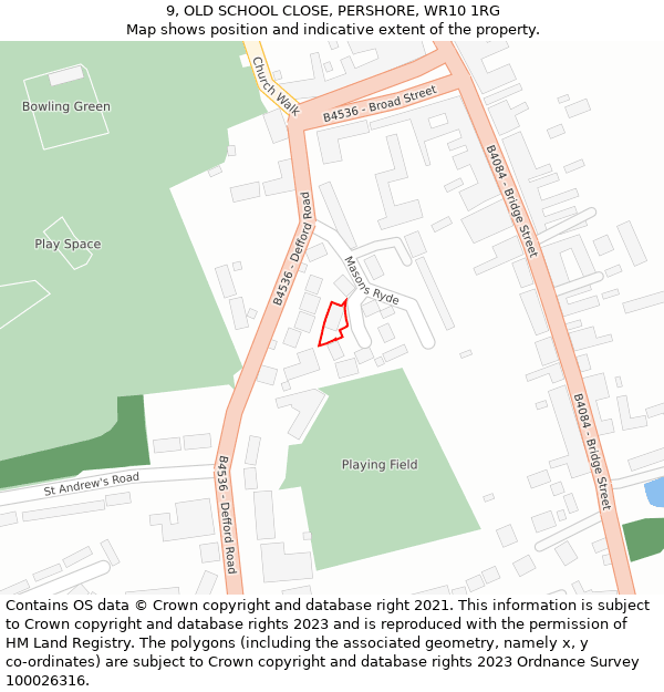 9, OLD SCHOOL CLOSE, PERSHORE, WR10 1RG: Location map and indicative extent of plot