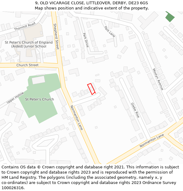 9, OLD VICARAGE CLOSE, LITTLEOVER, DERBY, DE23 6GS: Location map and indicative extent of plot