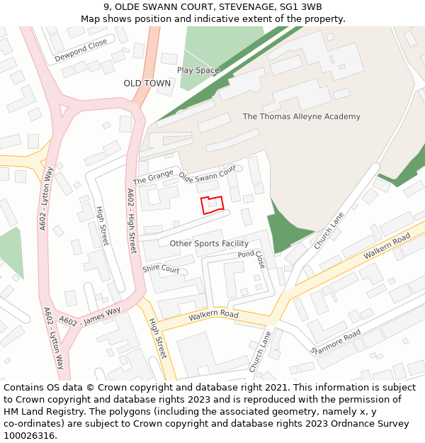 9, OLDE SWANN COURT, STEVENAGE, SG1 3WB: Location map and indicative extent of plot