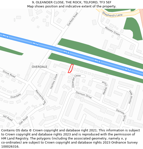 9, OLEANDER CLOSE, THE ROCK, TELFORD, TF3 5EF: Location map and indicative extent of plot