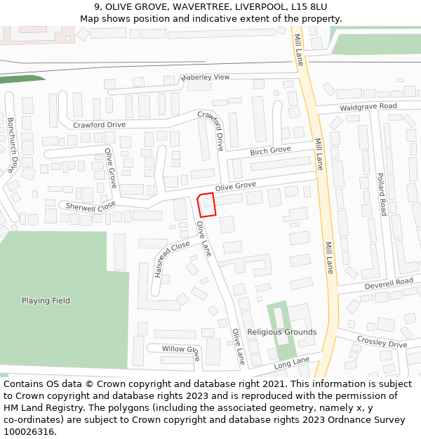 9, OLIVE GROVE, WAVERTREE, LIVERPOOL, L15 8LU: Location map and indicative extent of plot