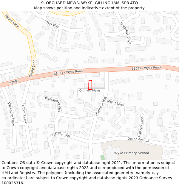 9, ORCHARD MEWS, WYKE, GILLINGHAM, SP8 4TQ: Location map and indicative extent of plot