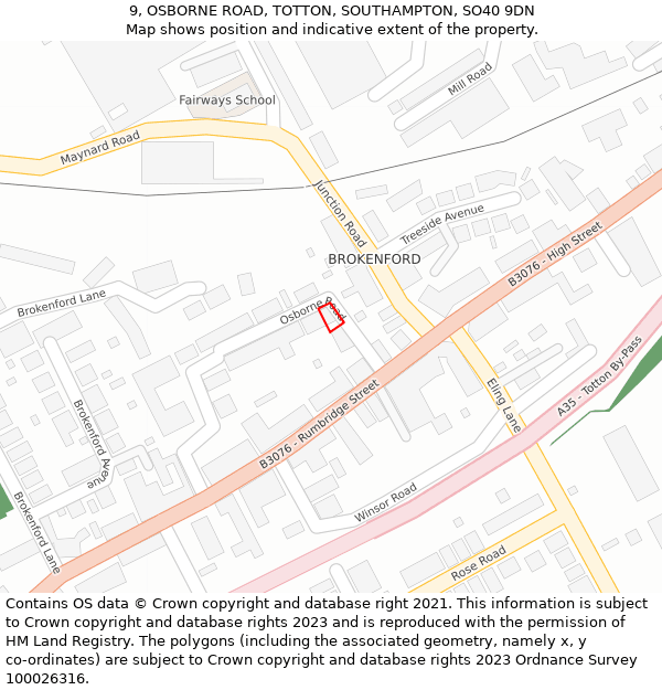 9, OSBORNE ROAD, TOTTON, SOUTHAMPTON, SO40 9DN: Location map and indicative extent of plot