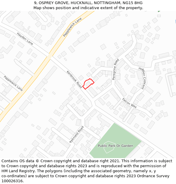 9, OSPREY GROVE, HUCKNALL, NOTTINGHAM, NG15 8HG: Location map and indicative extent of plot