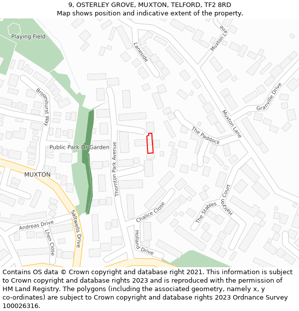 9, OSTERLEY GROVE, MUXTON, TELFORD, TF2 8RD: Location map and indicative extent of plot