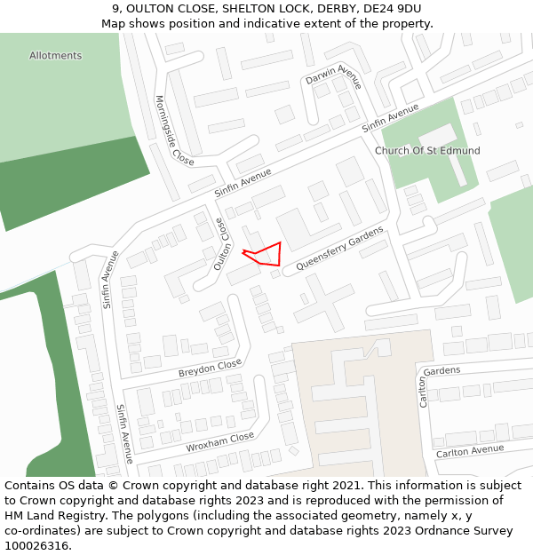 9, OULTON CLOSE, SHELTON LOCK, DERBY, DE24 9DU: Location map and indicative extent of plot