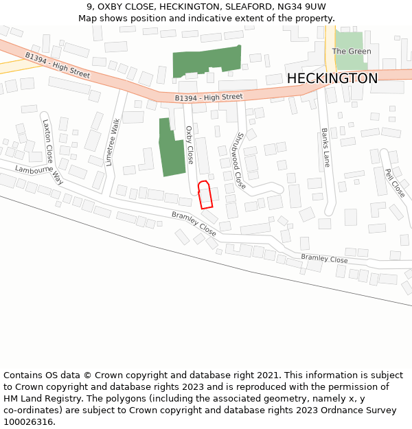 9, OXBY CLOSE, HECKINGTON, SLEAFORD, NG34 9UW: Location map and indicative extent of plot