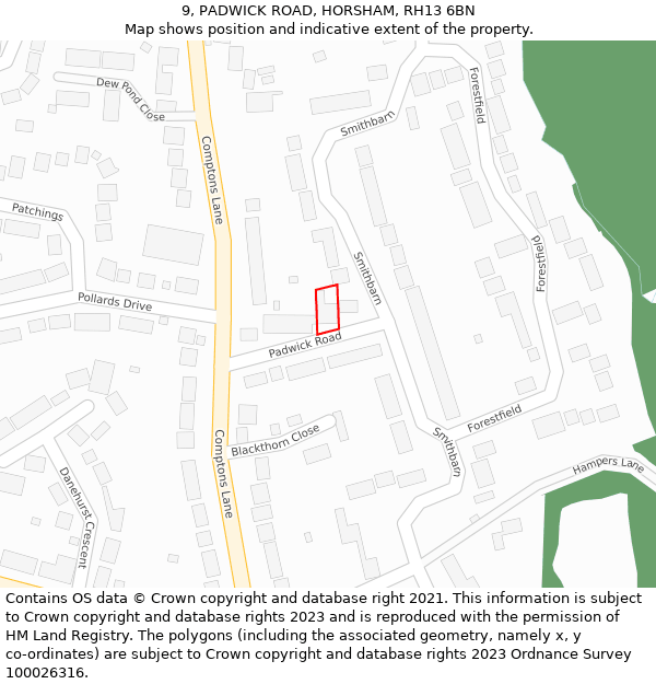 9, PADWICK ROAD, HORSHAM, RH13 6BN: Location map and indicative extent of plot