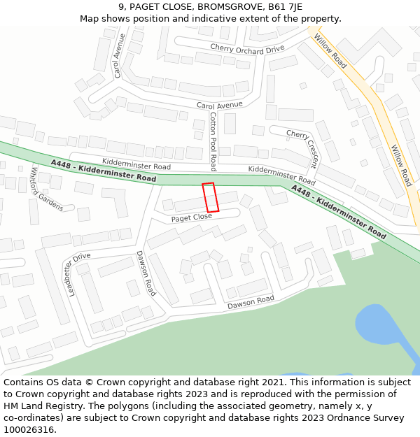 9, PAGET CLOSE, BROMSGROVE, B61 7JE: Location map and indicative extent of plot