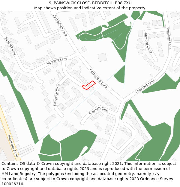 9, PAINSWICK CLOSE, REDDITCH, B98 7XU: Location map and indicative extent of plot