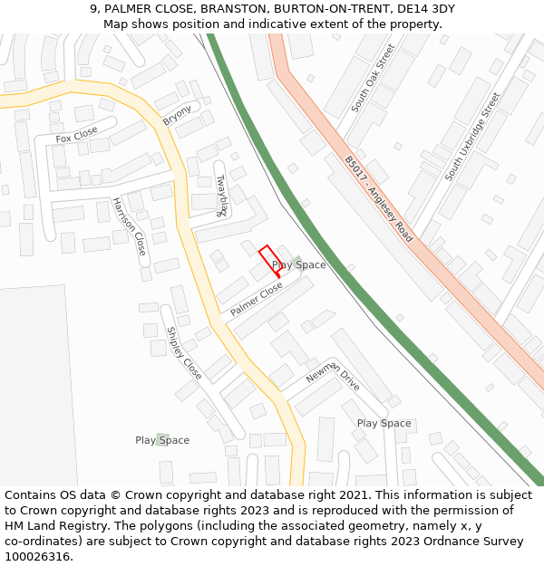 9, PALMER CLOSE, BRANSTON, BURTON-ON-TRENT, DE14 3DY: Location map and indicative extent of plot
