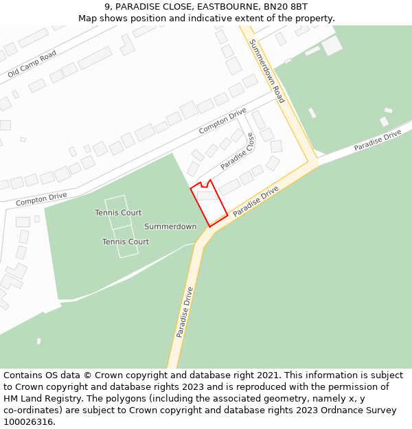 9, PARADISE CLOSE, EASTBOURNE, BN20 8BT: Location map and indicative extent of plot